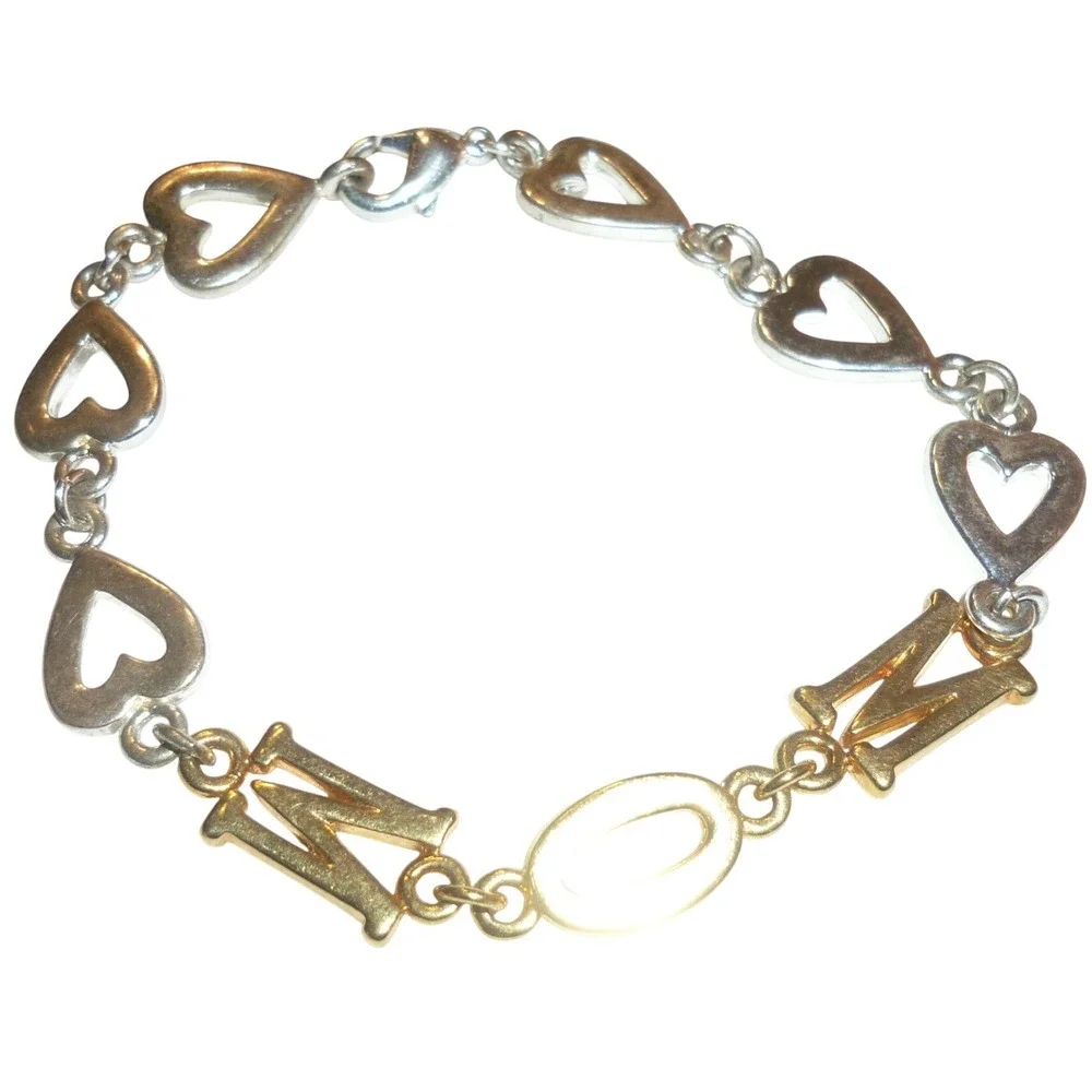 Two Tone Mom Heart Link Bracelet Silver Gold Tone Motherhood‎ Gift 7.5 Inch
